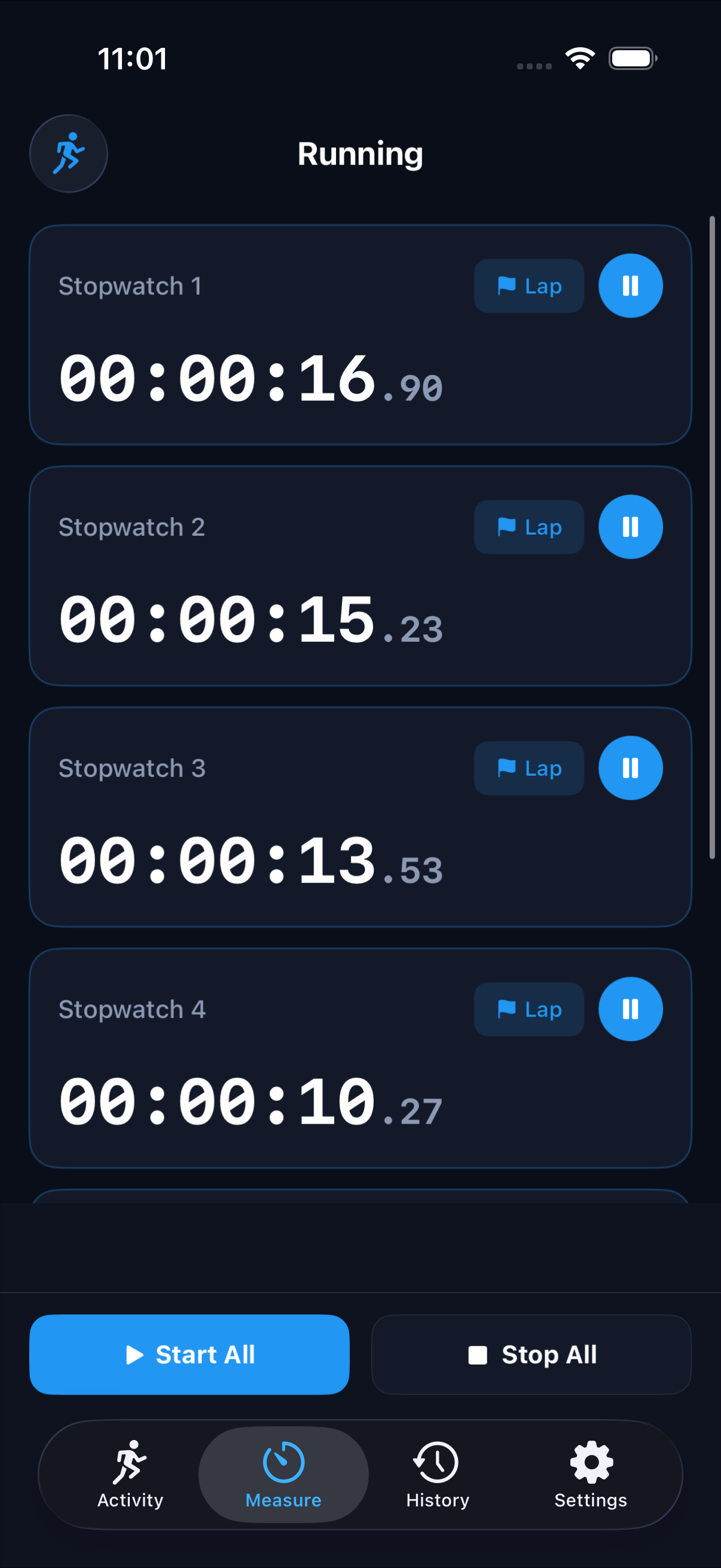 Ten stopwatches running at once